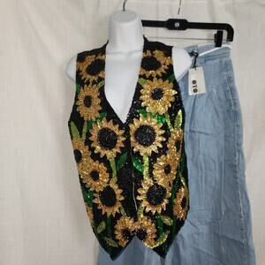 Vintage 80s Sequin Sunflower Vest With Adjustable Tie In Back Spring Summer Sz M